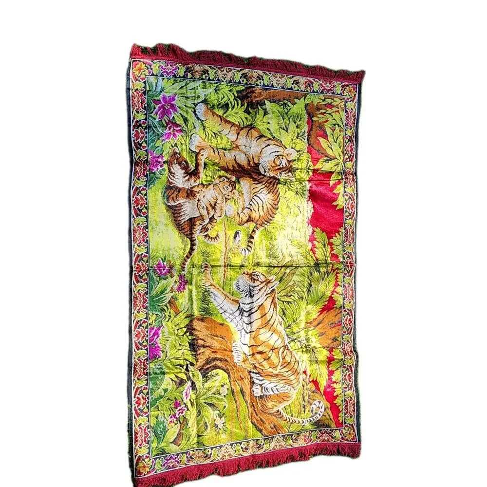 Extra Large 68” X 46” Vtg Velvet Tiger tapestry/rug Antique 1920-1949 Red Tassel
